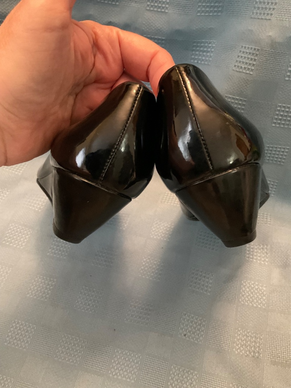Alfani Step N Flex Sz 6.5 Black Patent Leather Open Toe Wedges - Picture 11 of 12